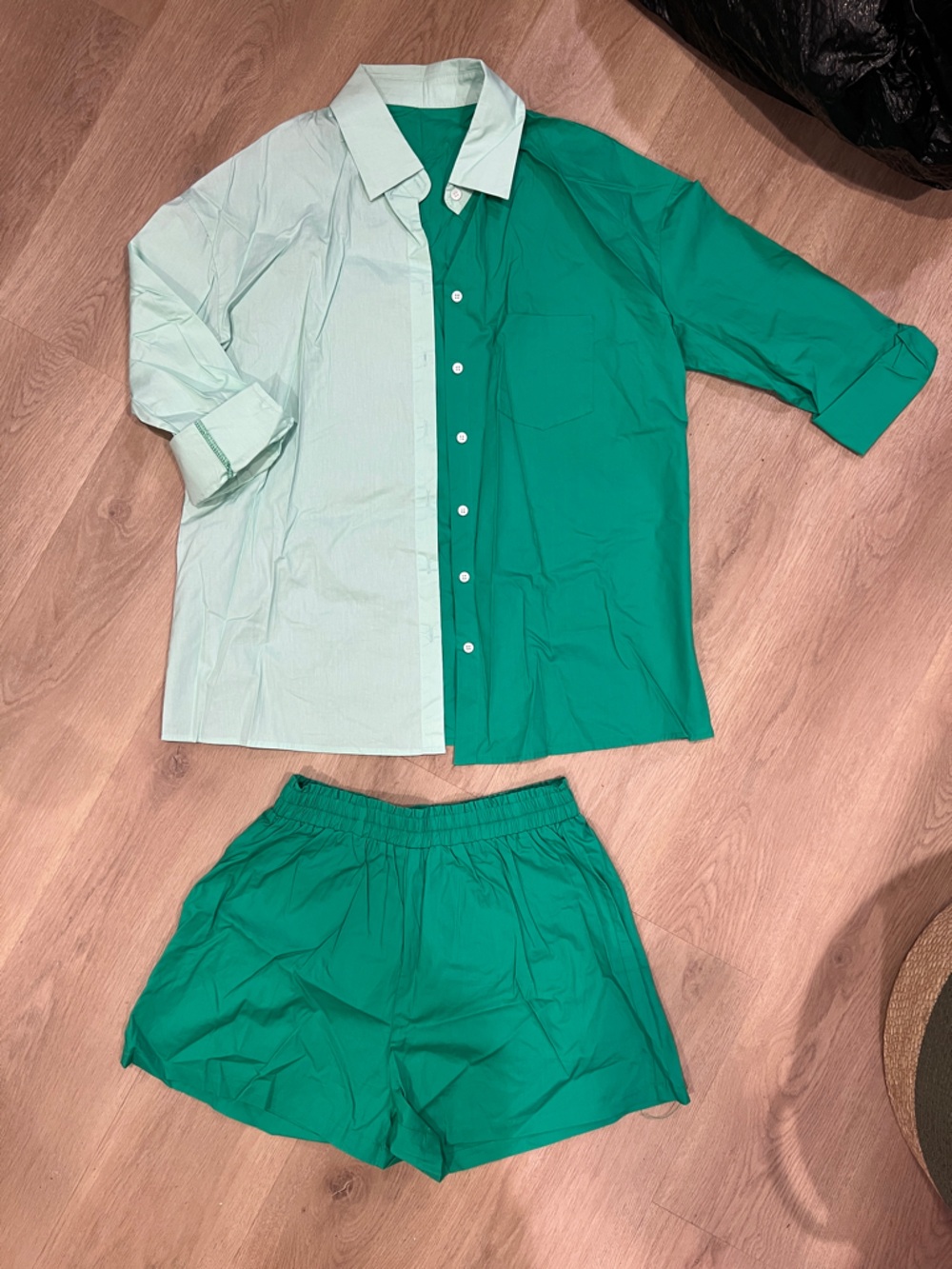 Two-Tone Green Button-Up and Shorts Set